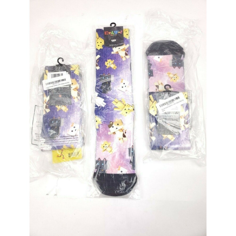 3 Pack Bioworld Nyanbo! Anime Crew Socks 1 Pair w Helicase Sock Ring